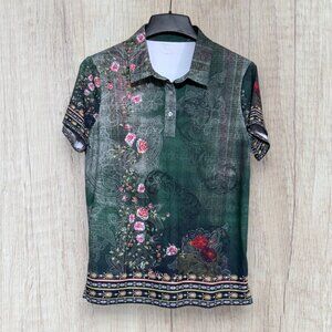 Acegolfs Green Floral Paisley Polo Shirt Womens L Short Sleeve Stretch Golf Top